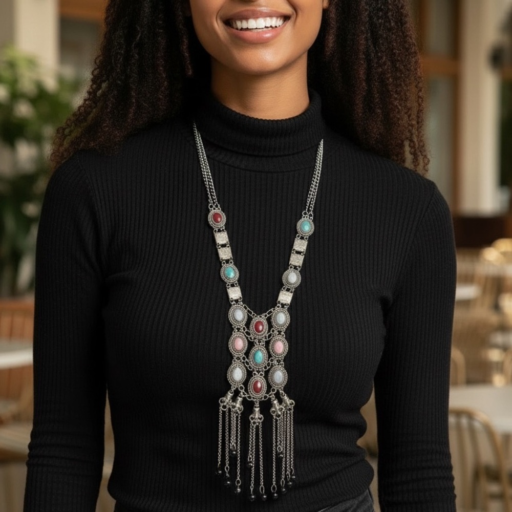 Vintage Long Necklace With Colorful Beads